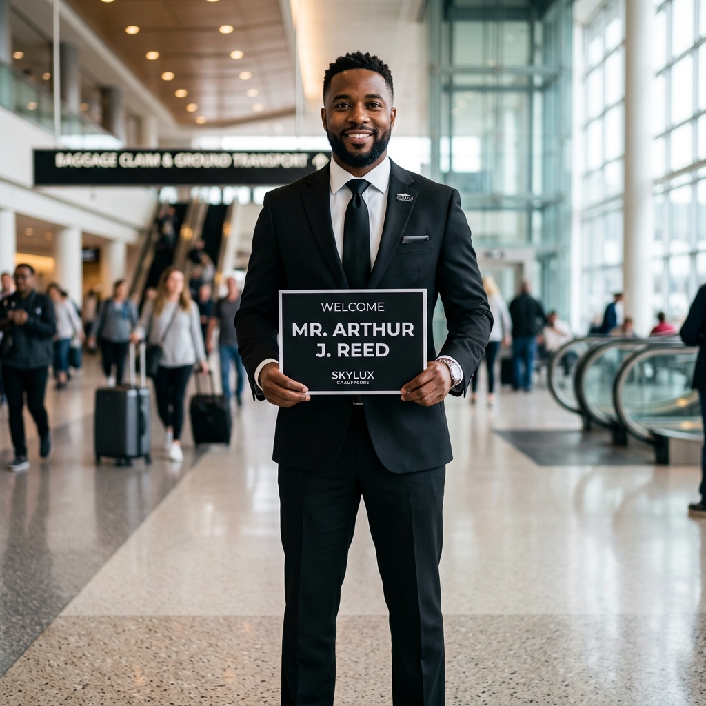 Professional black male chauffeur holding a name board at arrivals